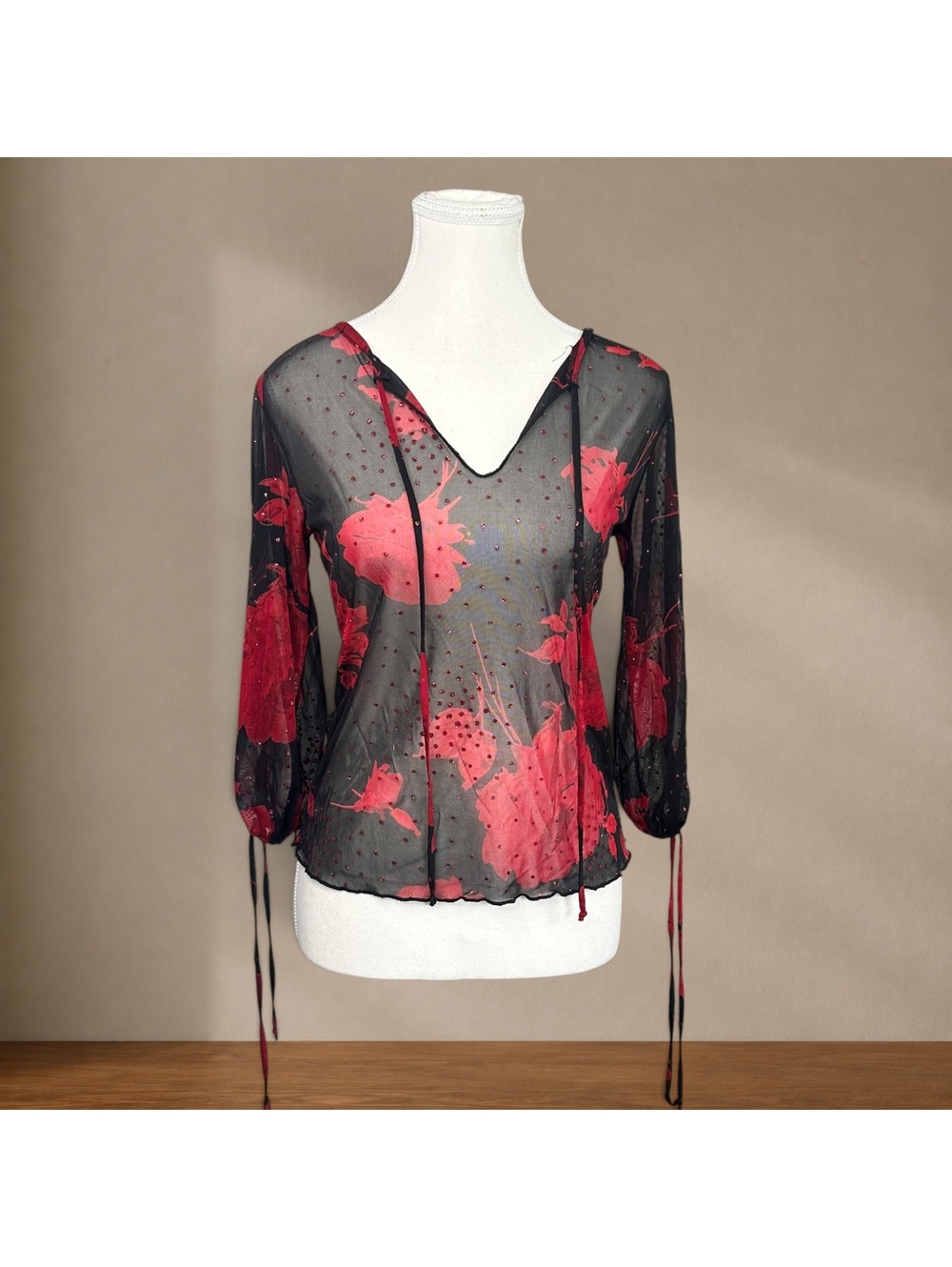 Y2K IZ Byer Black Sheer Mesh Floral Rhinestone Tie Top Fairy Grunge Coquette